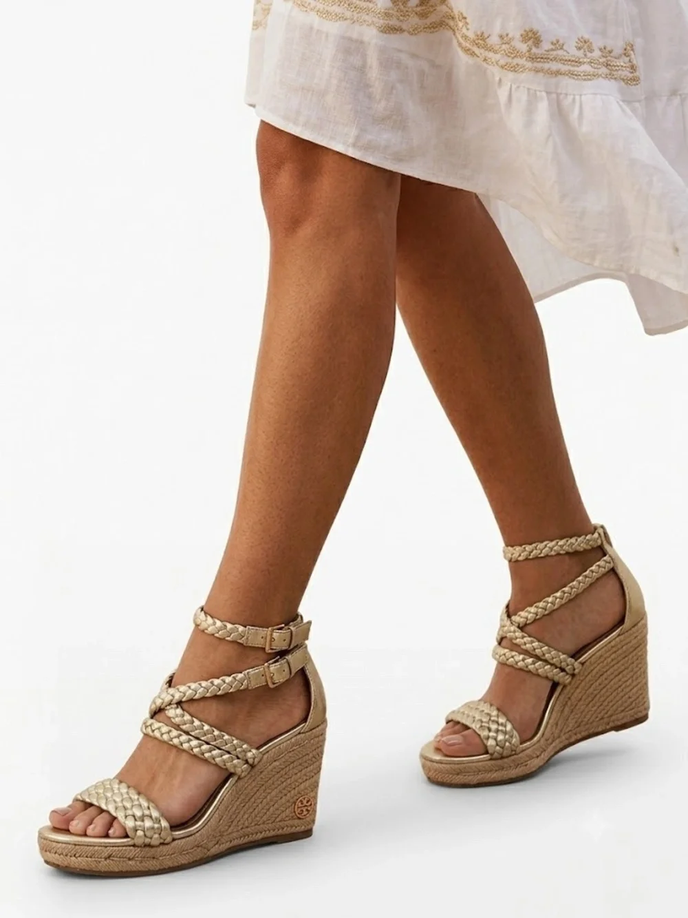 Tory Burch Braided Gold Espadrille Wedge Sandals Size 7M